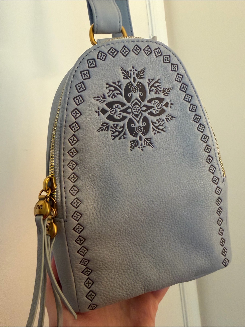 Hobo Leather Crossbody Fern Sling Bag Blue Pearl with Decorative Print - Picture 2 of 8